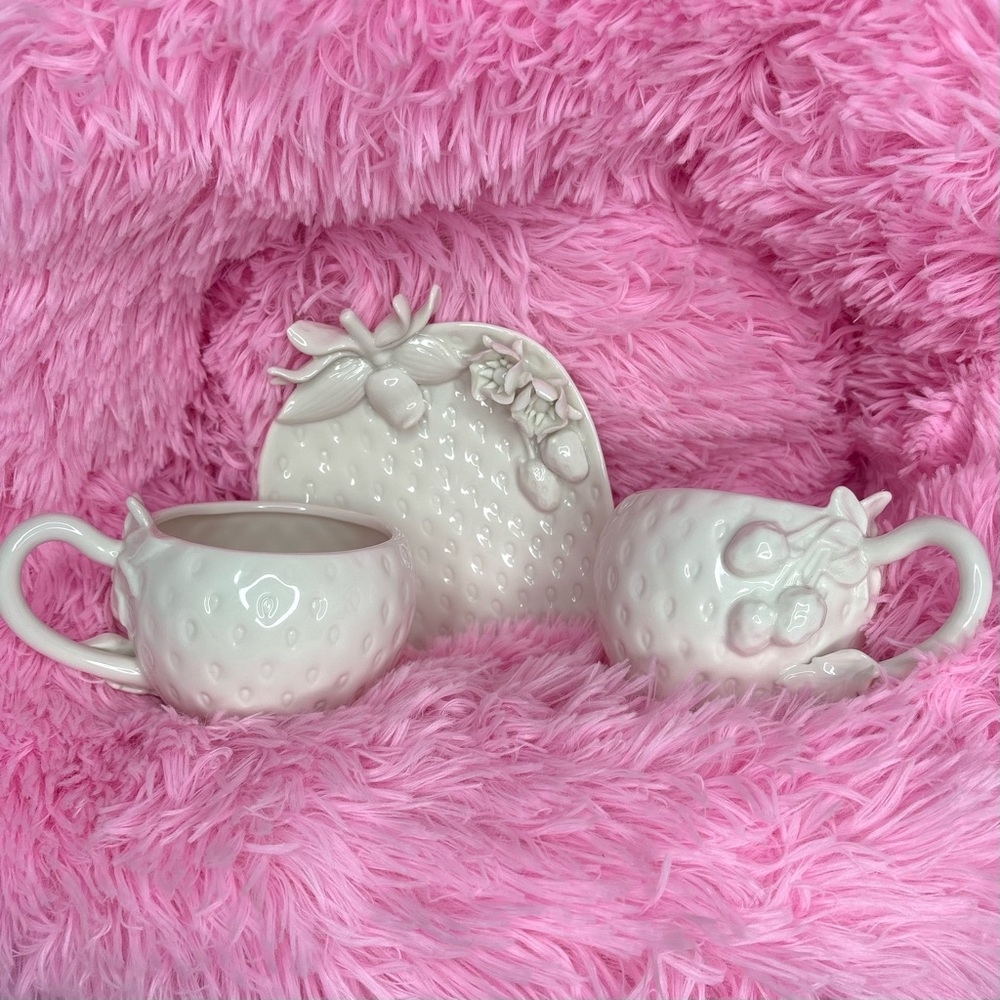Vintage Gracie china teacups, saucer porcelain Strawberry-Themed White Set